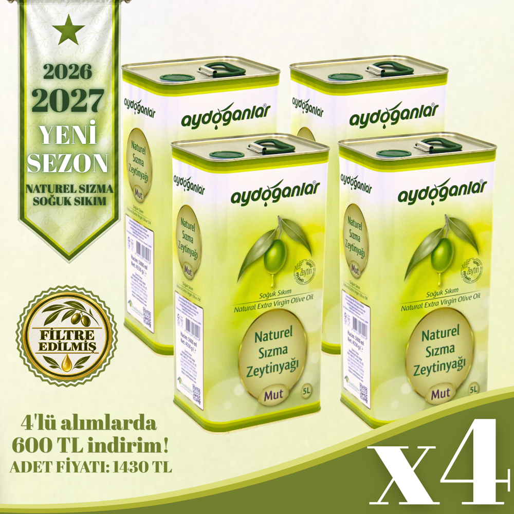 4 ADET 5 LİTRE NATUREL SIZMA SOĞUK SIKIM ZEYTİNYAĞI