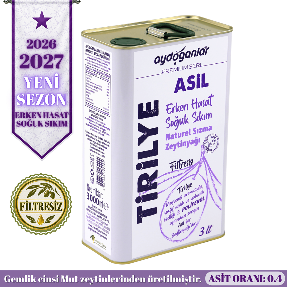 Asil Tirilye Erken Hasat Filtresiz Soğuk Sıkım Zeytinyağı 3 L. (Premium Seri)