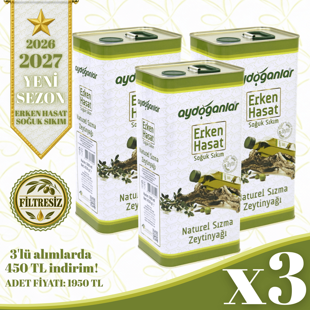 3 ADET 5 LİTRE ERKEN HASAT SOĞUK SIKIM ZEYTİNYAĞI
